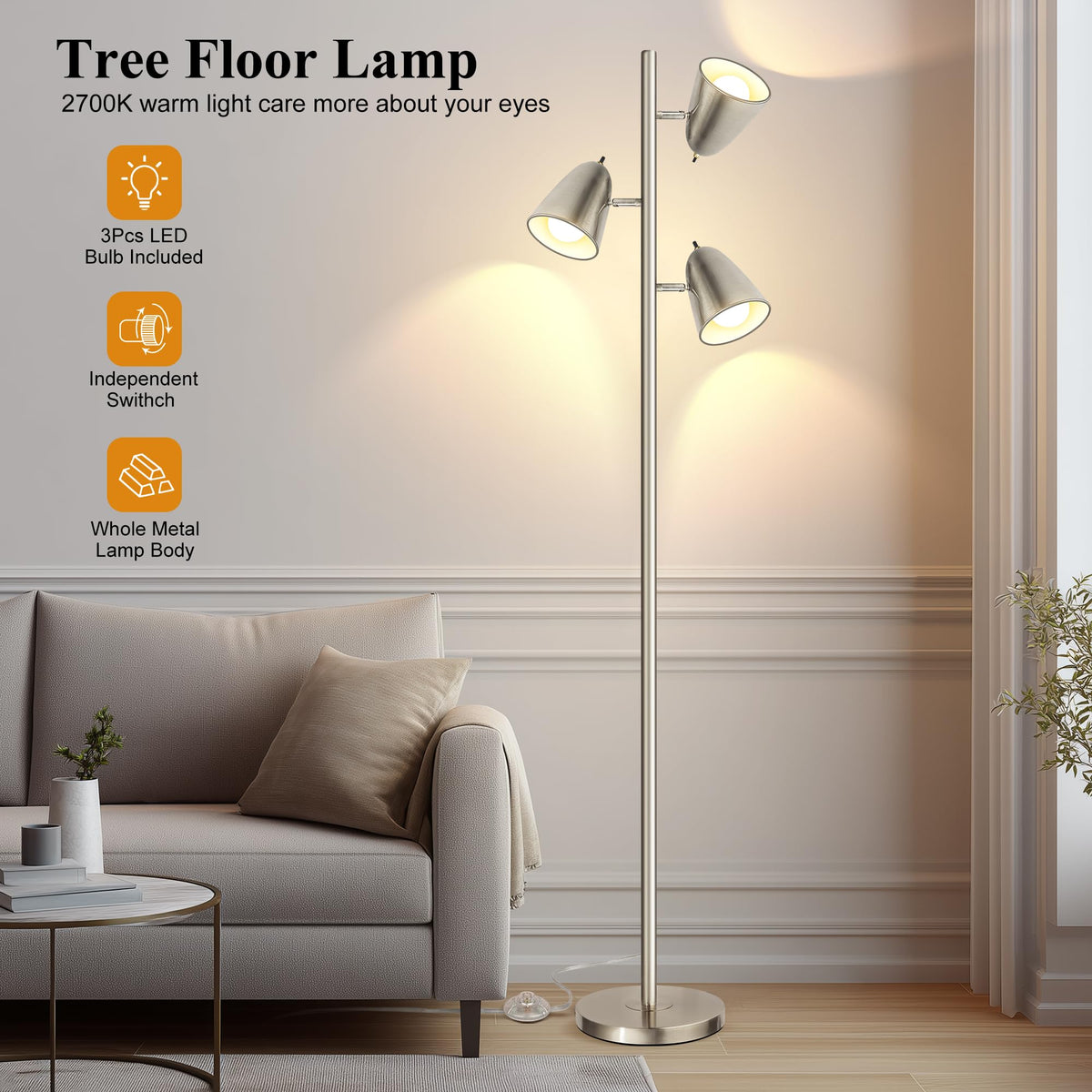 Tree Floor Lamp with 3 Light Bulbs, Standing Tall Pole Lamps Bedroom Office, Reading Stand up Lamps with 3 Adjustable