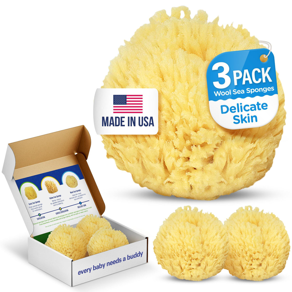 Buddy Natural Bath Sponge, Ultra-Soft Sea Wool, Gentle on Baby's Skin, Hypoallergenic, Biodegradable, 3-Pack, 4in for