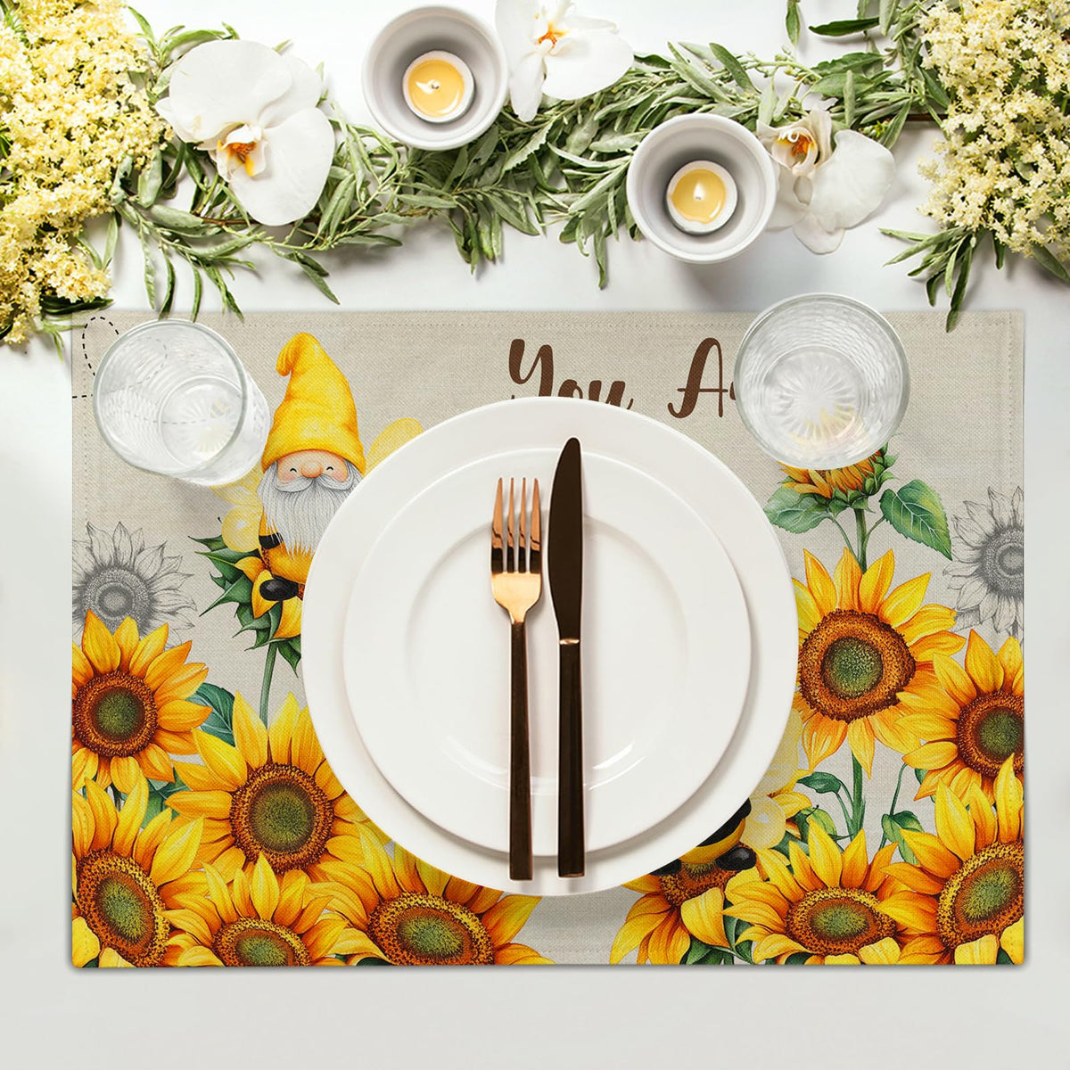 Bee Gnomes Placemats Set of 4, 12x18 Inch Vintage Summer Sunflowers Linen Place Mat, Sunshine Floral Heat Resistant