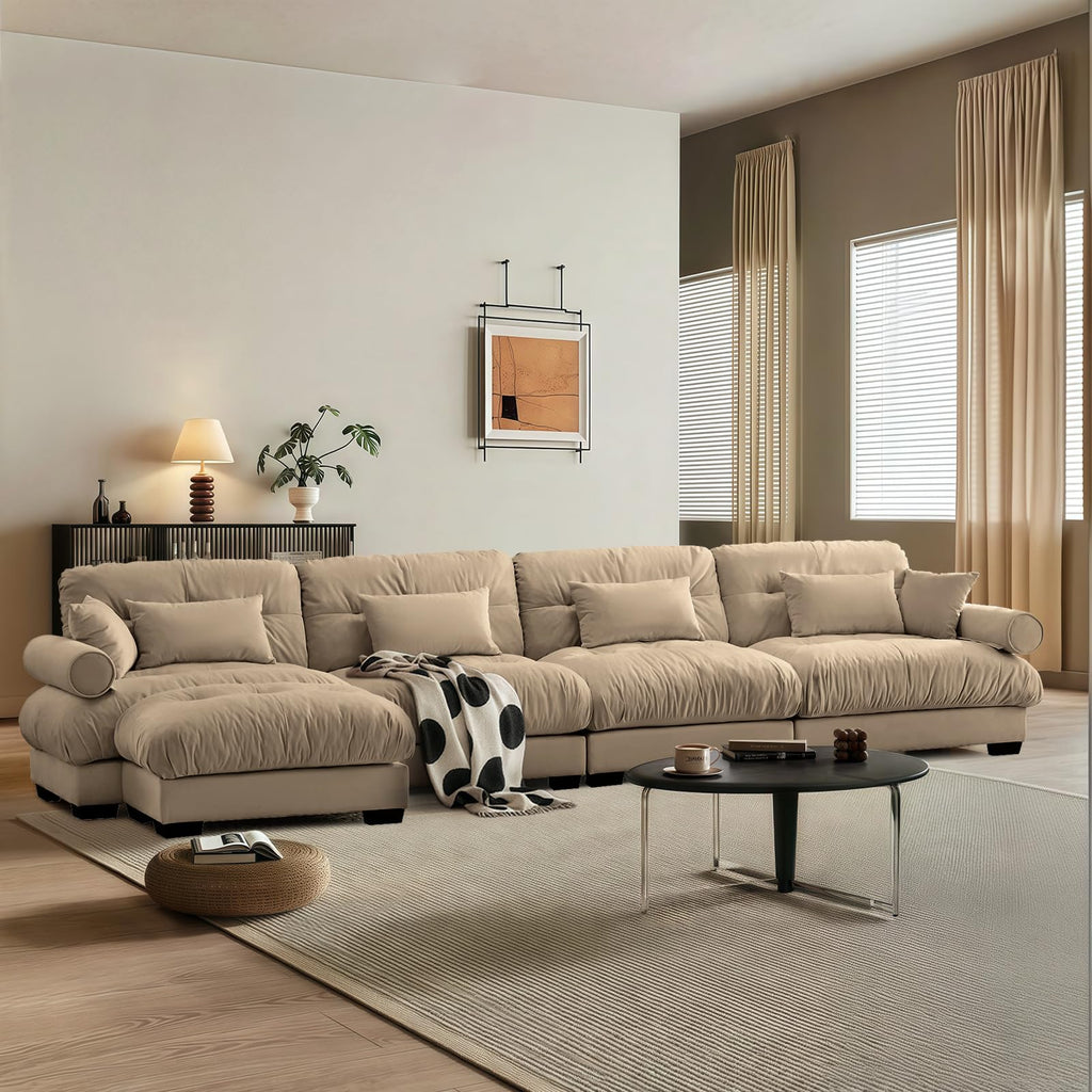 166" Sectional Couches, L Shaped Sofa Couch with Velvet Fabric, 4 Seat Modern Sofa with Ottoman, Removable Pillows