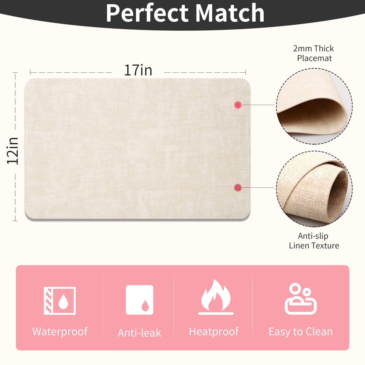 Faux Leather Placemats Set of 6, Easy to Clean, Beige