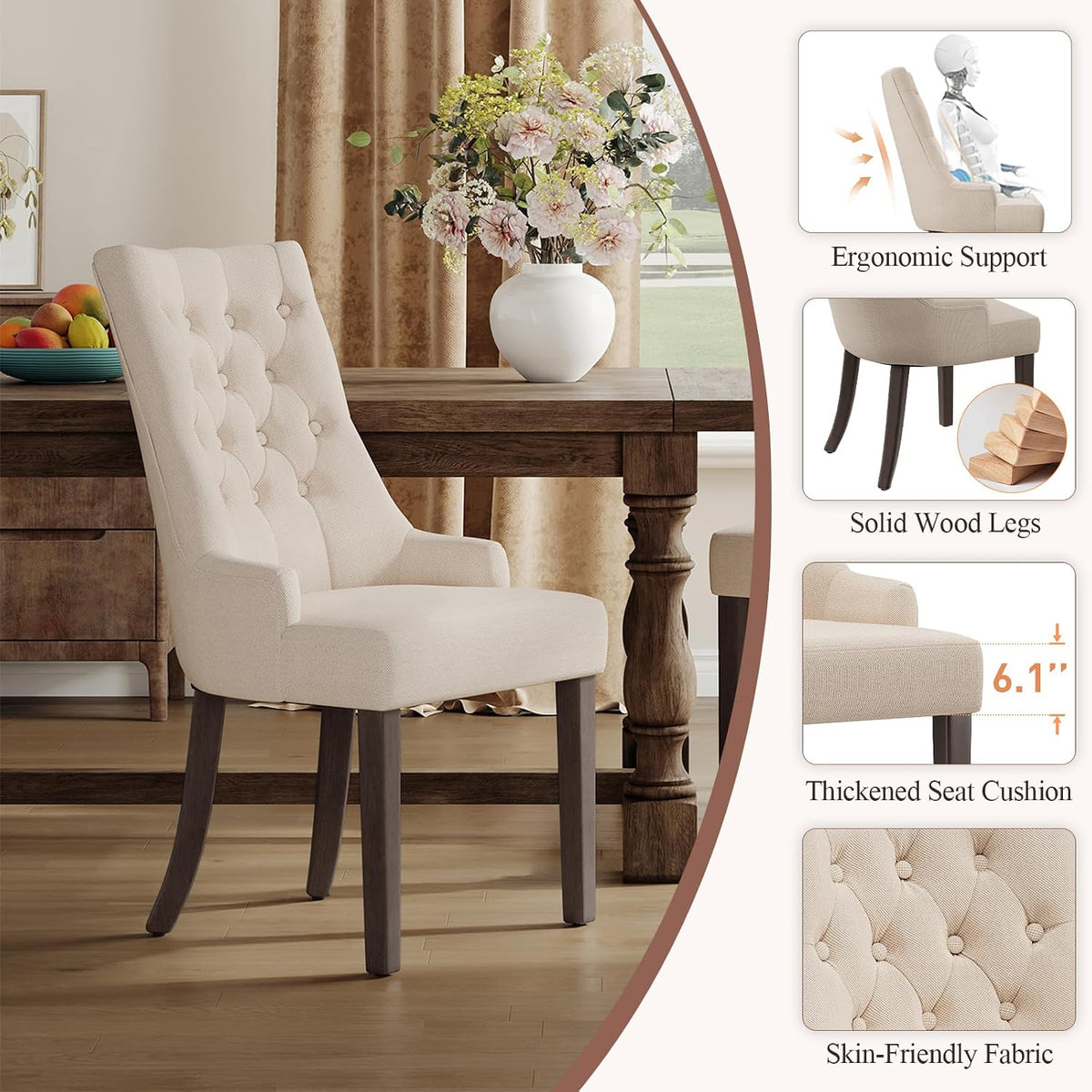 Fabric Side Dining Chairs Set of 2, Wingback Upholstered Dining Room Chairs with Tufted Button, Living Room Chairs