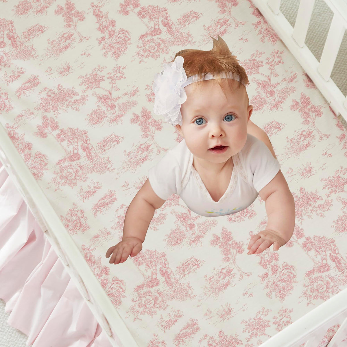 French Country Toile Crib Bedding Set for Girls Vintage Pink Toile Floral Print 100% Cotton Baby Girl Nursery Bedding