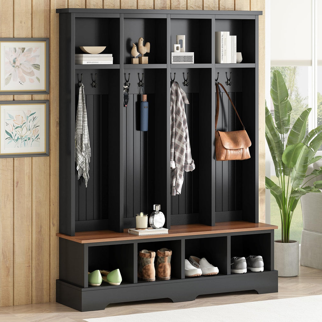 Farmhouse Hall Tree with Bench and Shoe Storage, 59" Entryway Bench with Coat Rack, 3-in-1 Hall Tree with Top