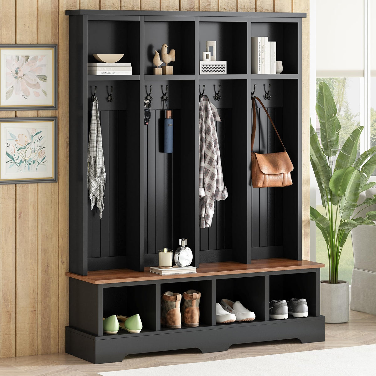 Farmhouse Hall Tree with Bench and Shoe Storage, 59" Entryway Bench with Coat Rack, 3-in-1 Hall Tree with Top