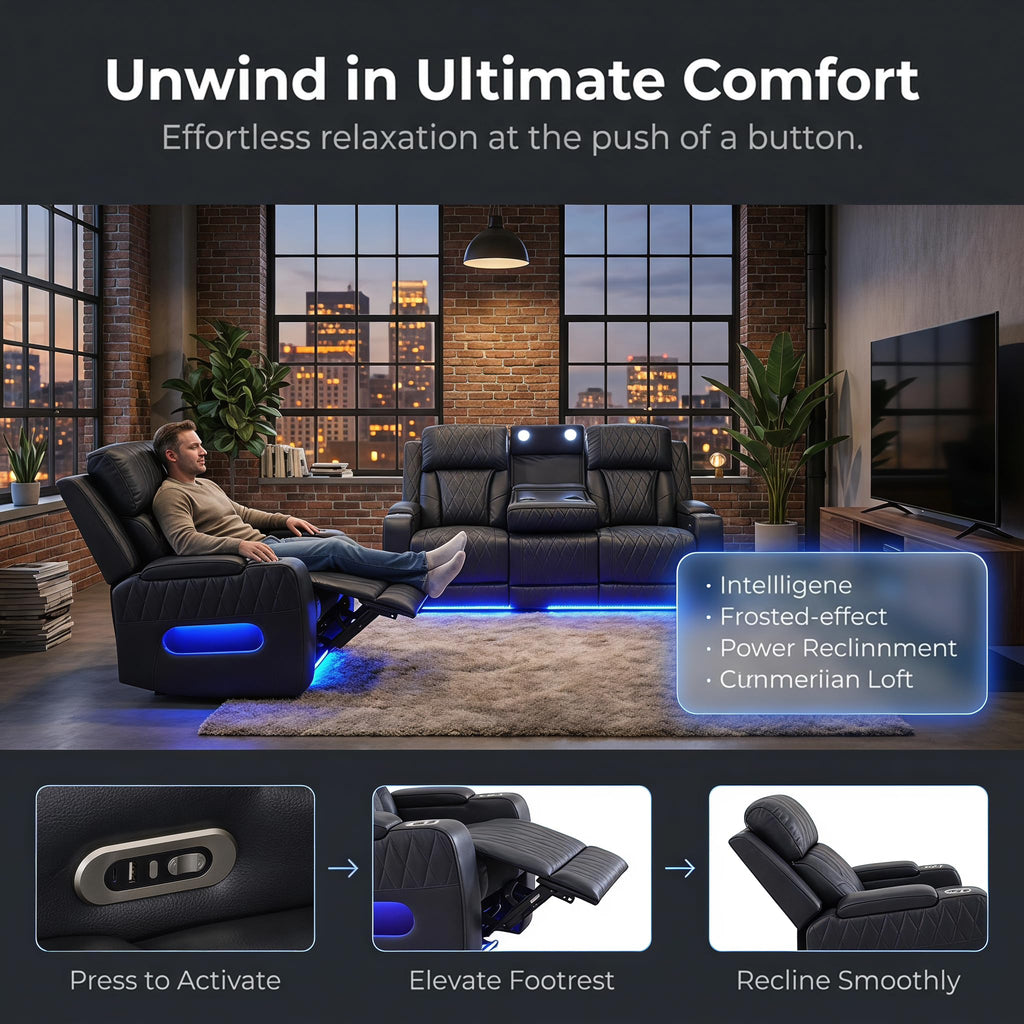 Power Recliner Sofa Set with Bass Speakers, Leather Power Reclining Sectional Couches, Multifunction Home Theater