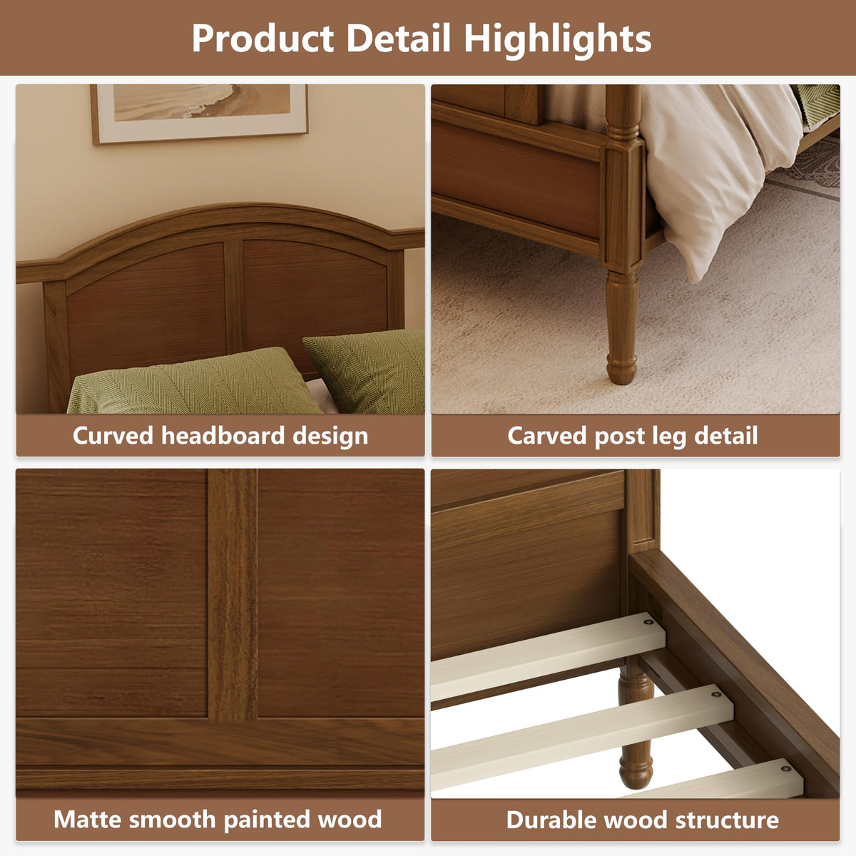 Farmhouse Traditional Platform Bed with Arched Headboard and Footboard, Cottage Panel Wooden Bed Frame