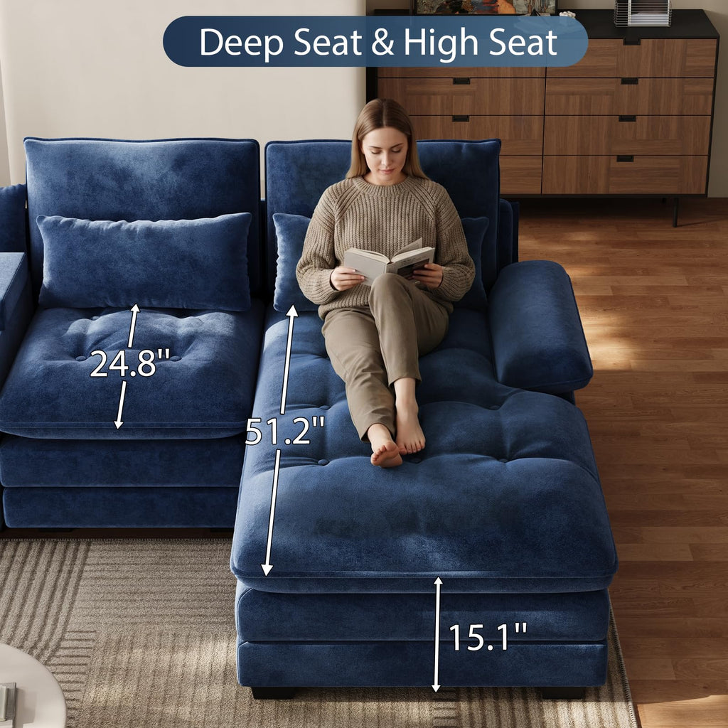 134" U-Shaped Sectional Couches with Storage, Blue