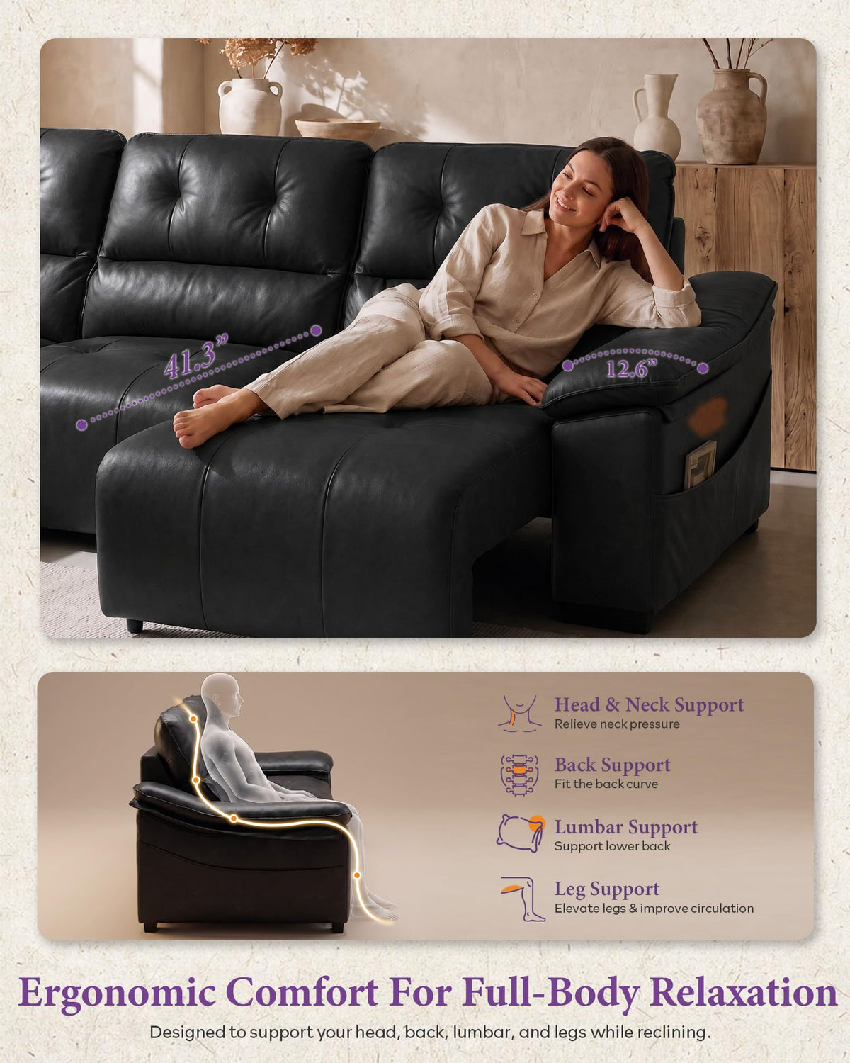 110'' Electric Leather Recliner Couch, Power Extendable Pull Out Sofa Bed