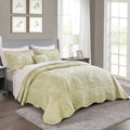 Quilt Bedspread 4 Piece Bedding Set 90" x 90" Elegant Antique Classy Damask Embroidery with Scallop Edges