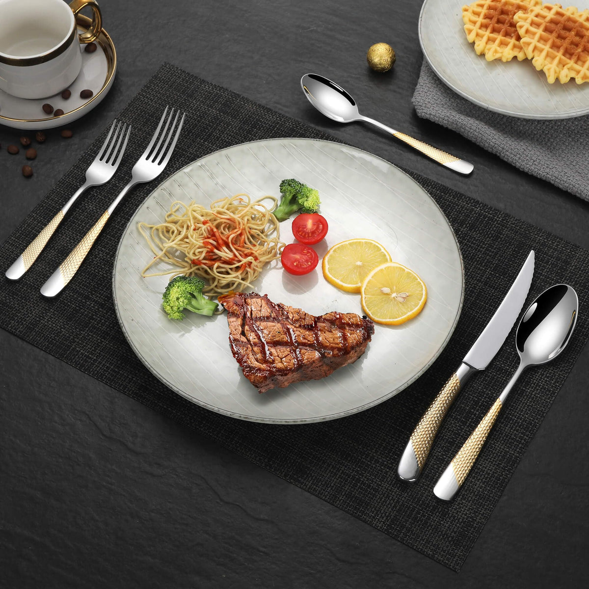 Hammered 30-Pieces Silver Gold Silverware Set for 6 with Serrated Forging Knives, 18/10 Stainless Steel Modern