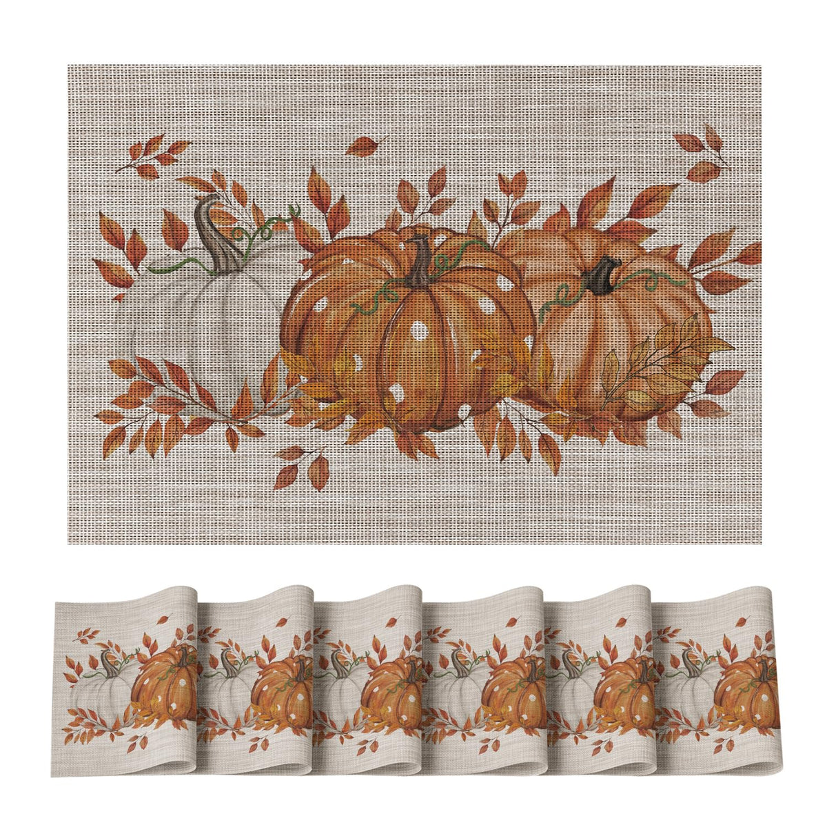 Pumpkins Leaves Fall Vinyl Placemats Set of 6, Wipeable Colorful Printing PVC Place Mats for Party Kitchen Dining