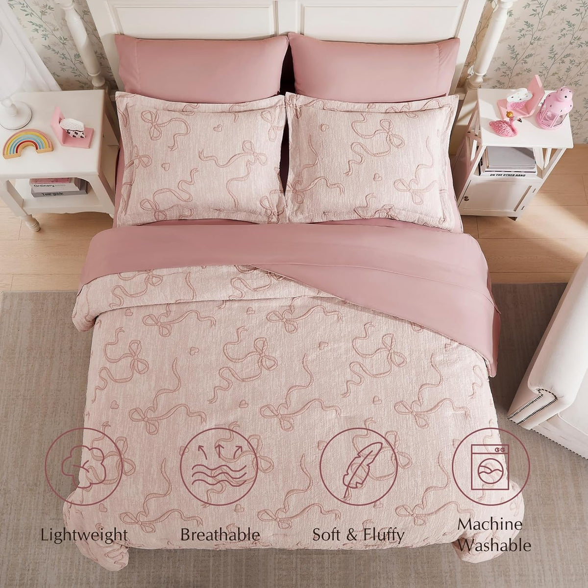 Full Comforter Sets for Girls - 7 Pieces Pink Bedding Bow Bed in a Bag - Set of 7
