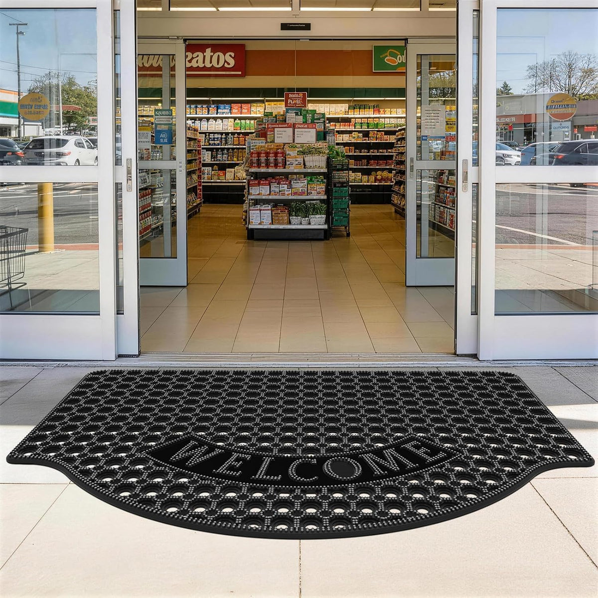 31"x 47" Black Non Slip Waterproof Welcome Rubber Door Mat with Holes, Outdoor Rubber Mats with Drainage for