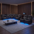 Power Reclining Leather Sectional Sofa Set, 6-Seat Black Curved Sofa and Loveseat, with LED Lights, Cup Holders and