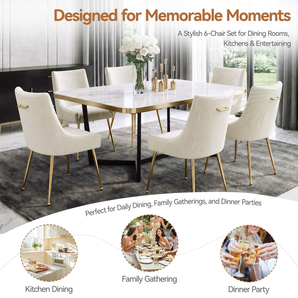 Velvet Dining Chairs Set of 6 Gold Legs, Upholstered Velvet Accent Chairs, Pleated Back Design & Gold Pull Handle, Mid