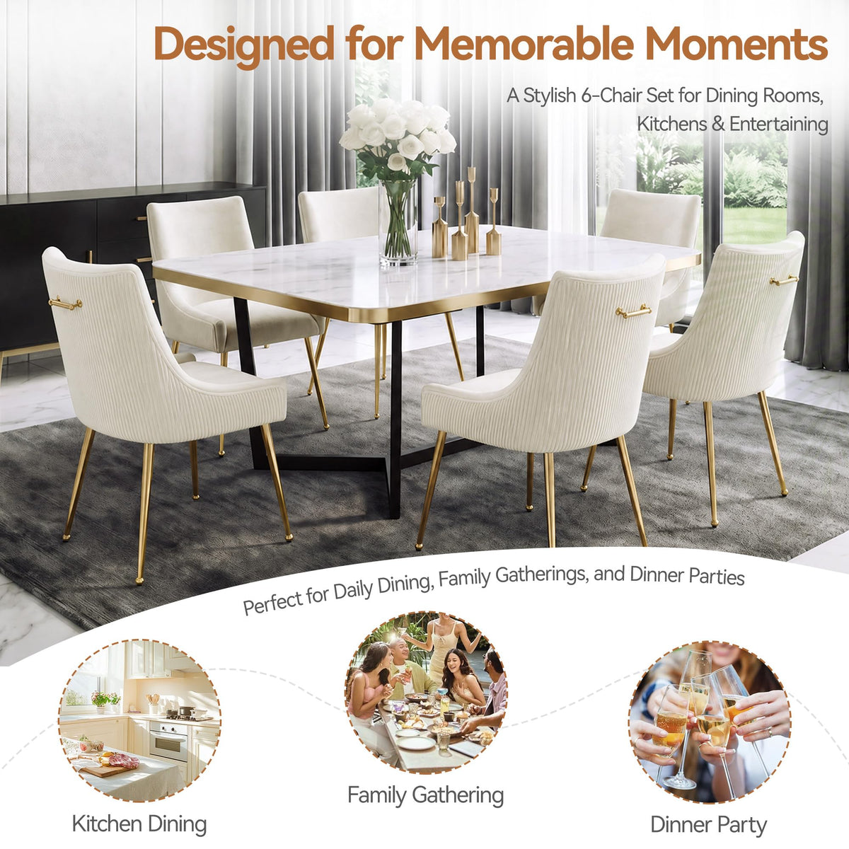 Velvet Dining Chairs Set of 6 Gold Legs, Upholstered Velvet Accent Chairs, Pleated Back Design & Gold Pull Handle, Mid