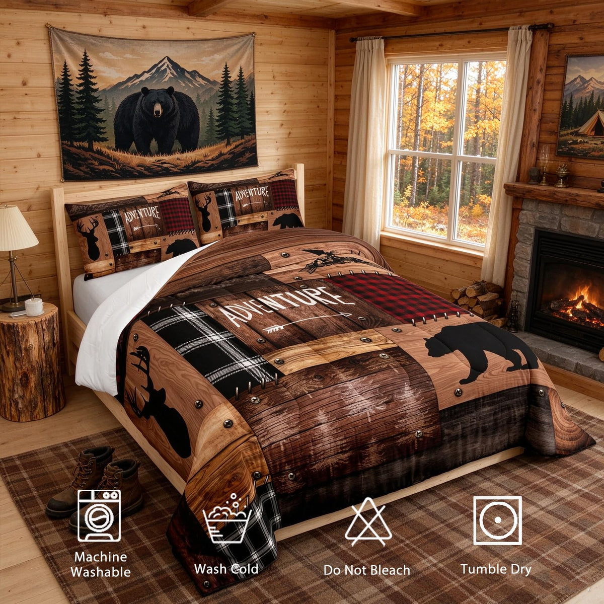 Cabin Comforter Set Brown Adventure Bear Quilt with 2 Pillowcases