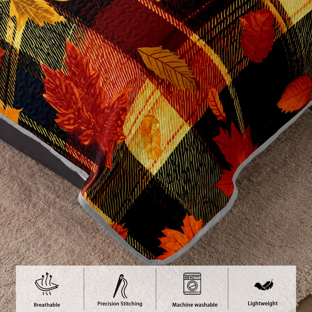 Fall Plaid Bed Cover 3 Piece, Includes 1 Quilt and 2 Pillow Shams, Scarlet Maple Motifs Dark Tartan Squares Warm