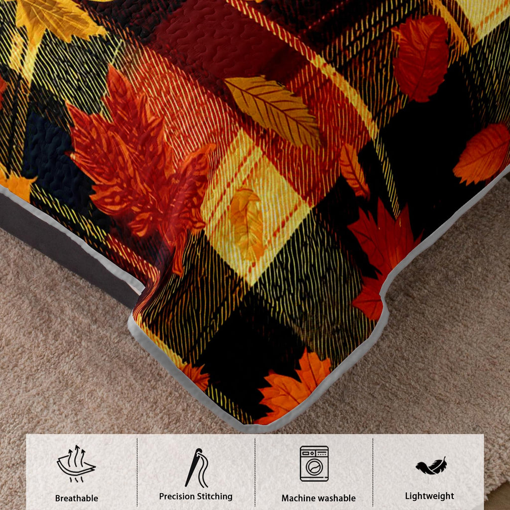 Fall Plaid Bed Cover 3 Piece, Includes 1 Quilt and 2 Pillow Shams, Scarlet Maple Motifs Dark Tartan Squares Warm