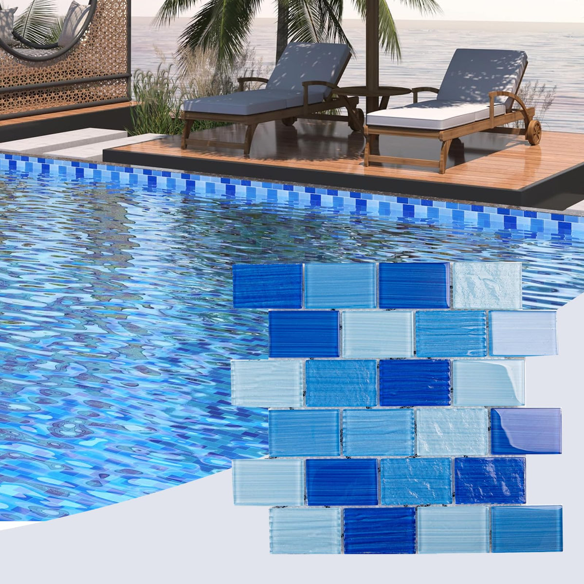 Mixed Blue Glass Subway Mosaic Tiles, Pool Tiles, 12 x12 Inch