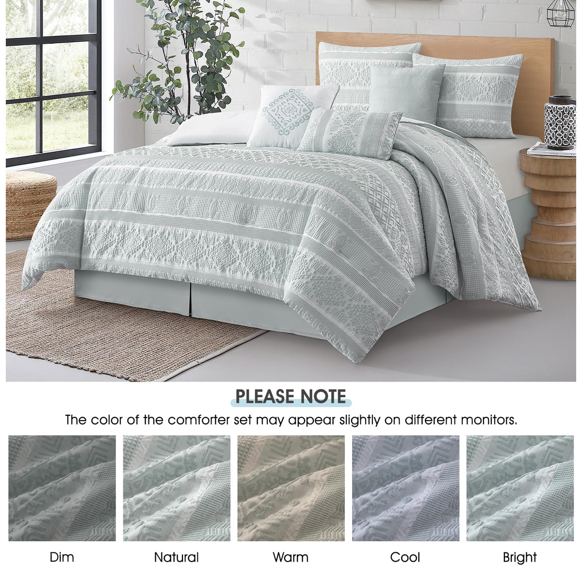 7 Piece Comforter Set, Dusty Green, Elegant Jacquard with Patchwork, Stylish and Cozy Bedding Collection