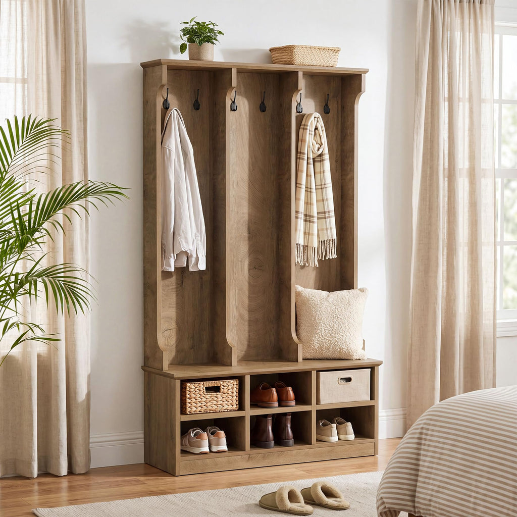 Hall Tree with Bench and Shoe Storage, Rustic Oak