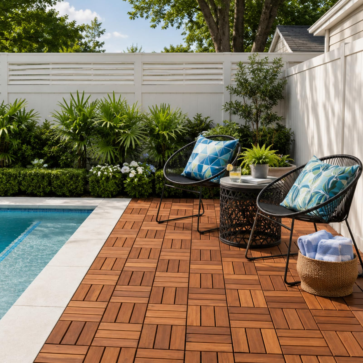 Deck Tiles, Patio Flooring - Outdoor Waterproof Acacia Wood Tiles for All Weather Use - Balcony, Backyard, Indoor &