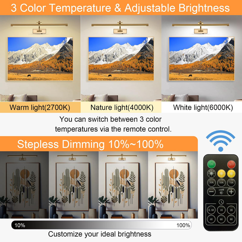 Picture Light Battery Operated with Remote, 3CCT Dimmable Picture Light for Paintings, Brass Rechargeable 24 inch