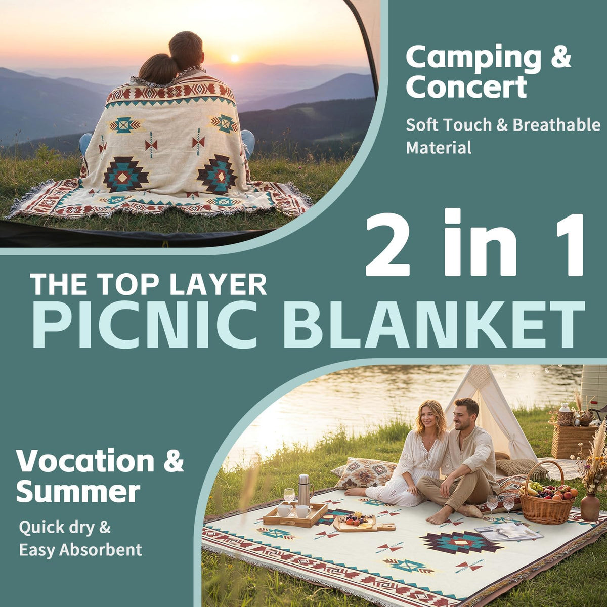 2 in 1 Extra Large Outdoor Rug Picnic Mat Woven Summer Throw Blanket Boho Giant Beach Travel Essential Yoga