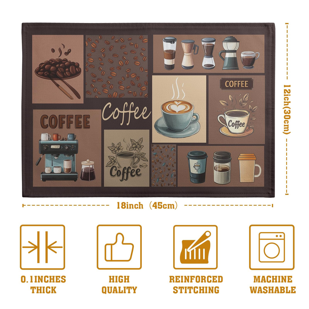 Coffee Theme Placemats Set of 4 Farmhouse Style Brown Linen Fabric Table Mat 12x18 Inch Washable Heat Resistant