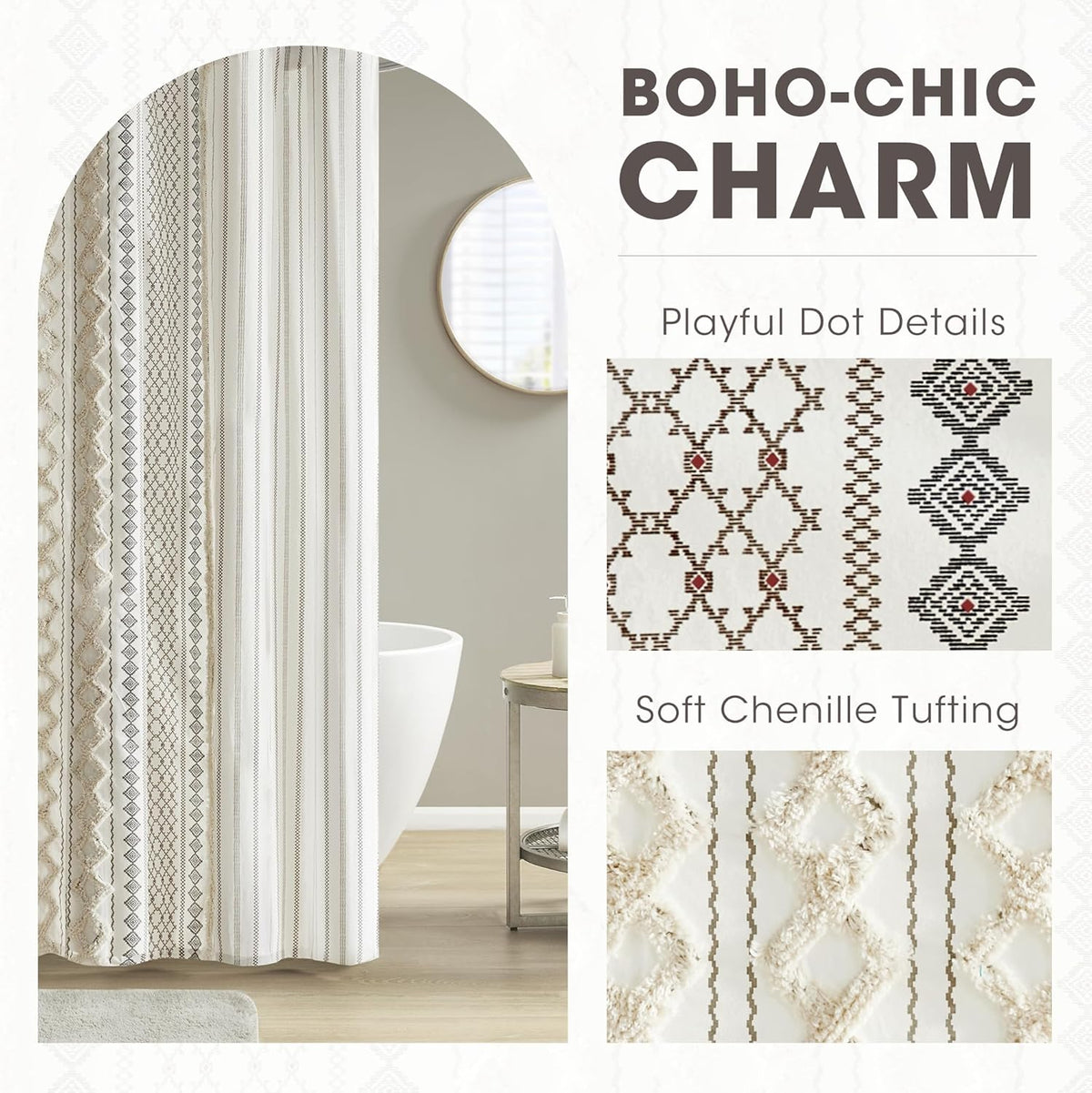 Imani Tufted Chenille 100% Cotton Shower Curtains Machine Washable, Modern Home Bathroom Décor Bathtub Privacy