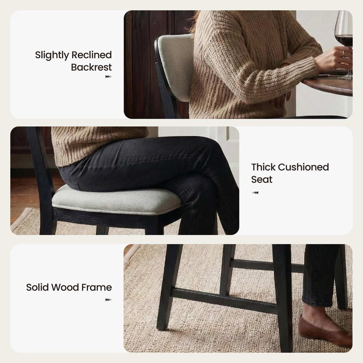 Inspired Bertoia Style Solid Wood Dining Chairs Set of 6, Mid Century Modern Upholstered Kitchen Chairs with 3.3" Thick Cushion, Farmhouse