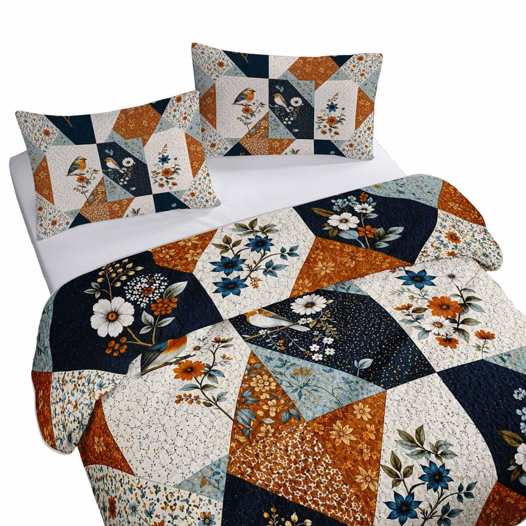 Cream Floral Diamond 3-Piece Quilt Set with 2 Pillow Shams, Farmhouse Patchwork Soft Lightweight Microfiber