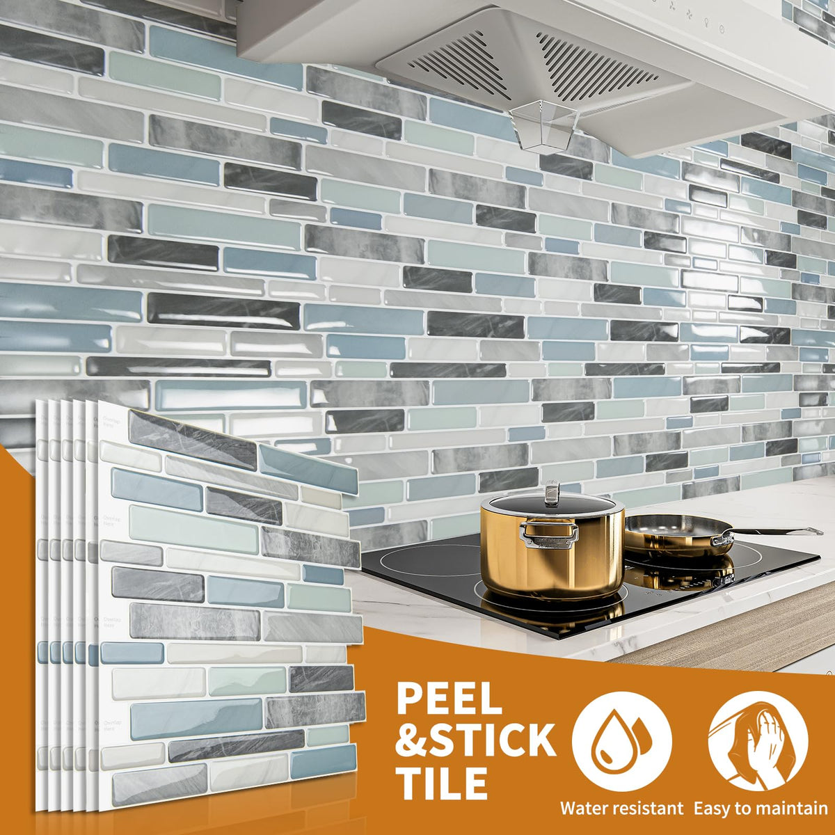 10-Sheet Peel and Stick Backsplash Tile , Back Splash Stick On Tiles Wall (Grey and Blue)