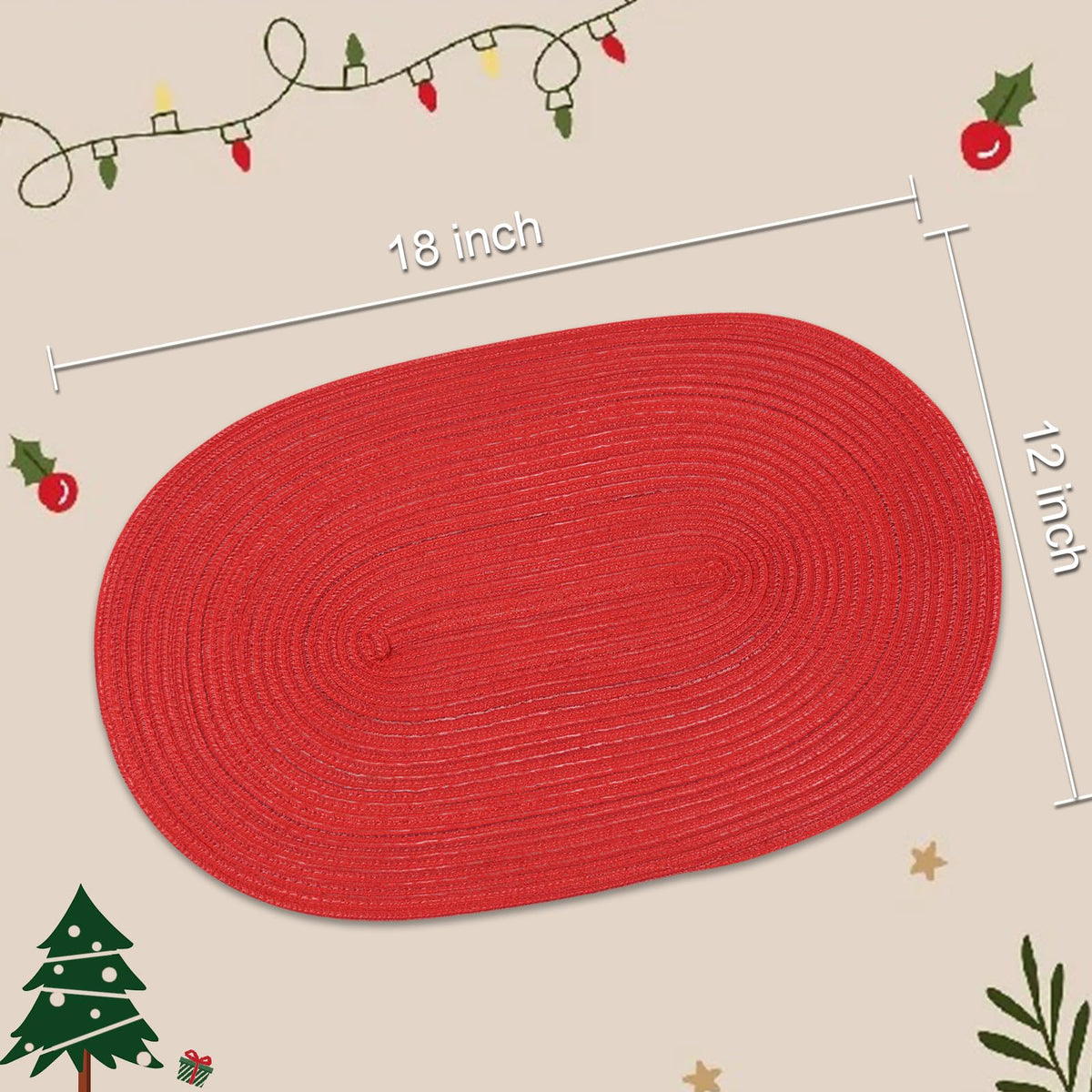 Placemats Set of 6, Woven Oval Braided Dining Table Mats(Red Shine)