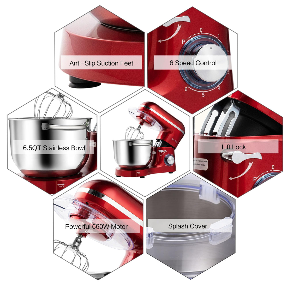 Stand Mixer,6.5-QT 660W 6-Speed Tilt-Head Food Mixer, Kitchen Electric Mixer with Dough Hook, Wire Whip & Beater