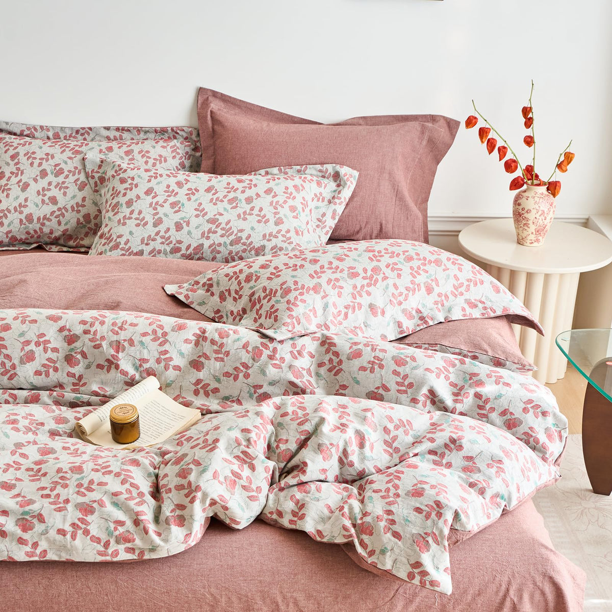 100% Washed Cotton Duvet Cover Set Vintage Red Floral Jacquard Texture Comforter Cover with 2 Pillowcases Boho
