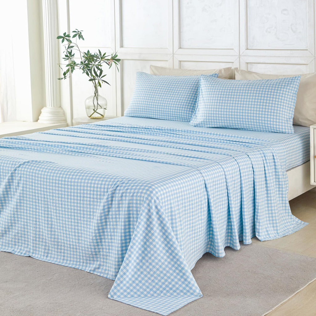 Light Blue Plaid Sheets 4-Piece Set Soft Brushed Microfiber Gingham Bed Sheets 16" Deep Pocket Coastal