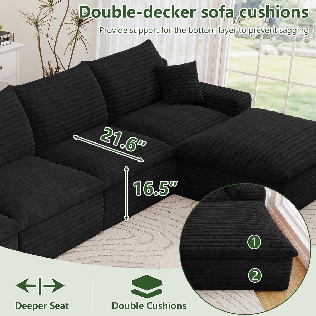 136" Cloud Couch Modular Sectional Sofa, U-Shape Boneless Couch with Deep Seat, Modern Corduroy 5-Seater with