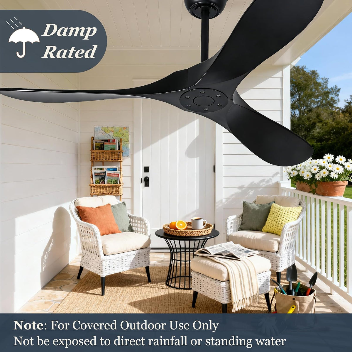 72" Black Indoor/Outdoor Ceiling Fan with Remote, No Light