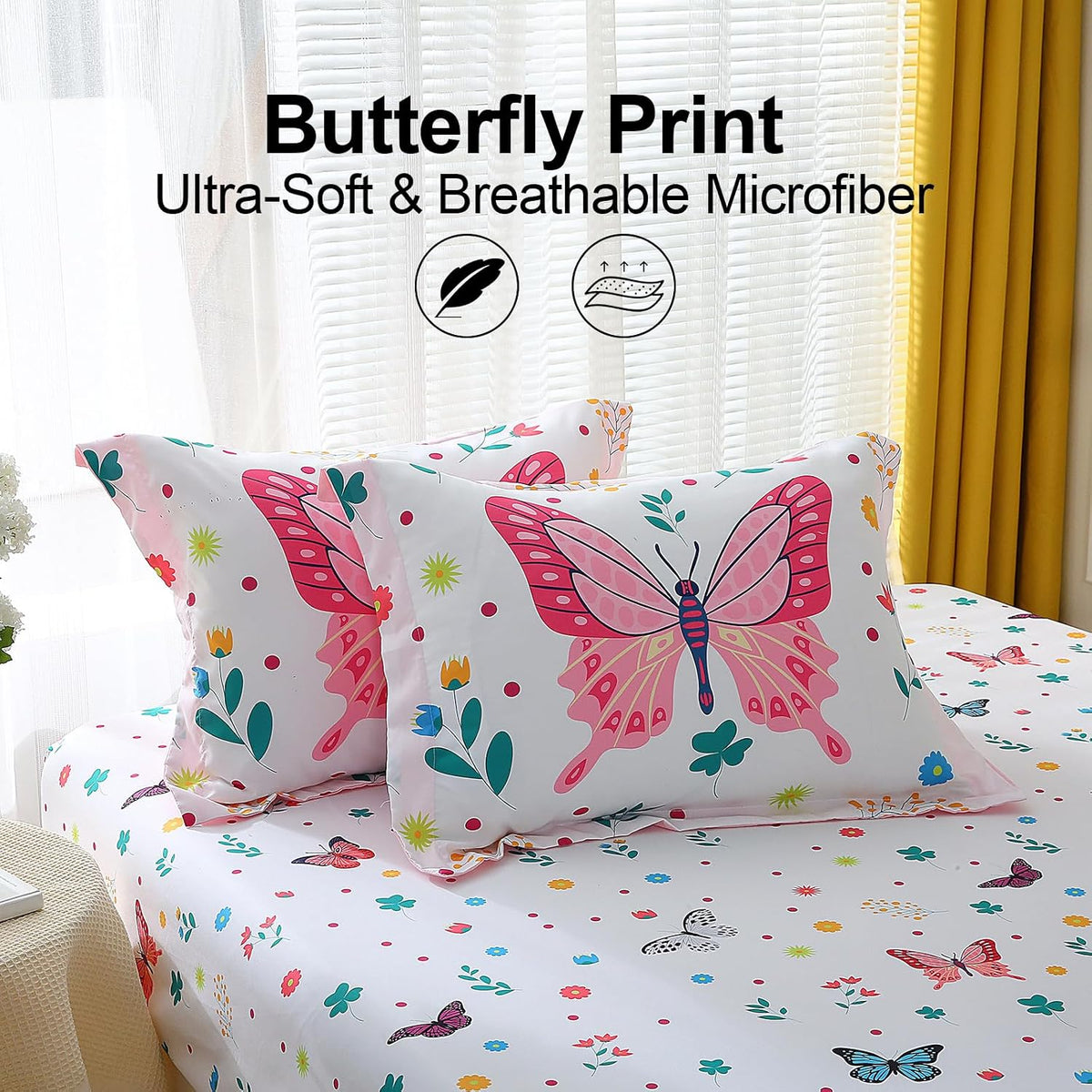 Girls Butterfly Comforter Set 7 Piece Bed in A Bag Colorful Flowers Leaves Bedding Set for Kids Teens Super Soft