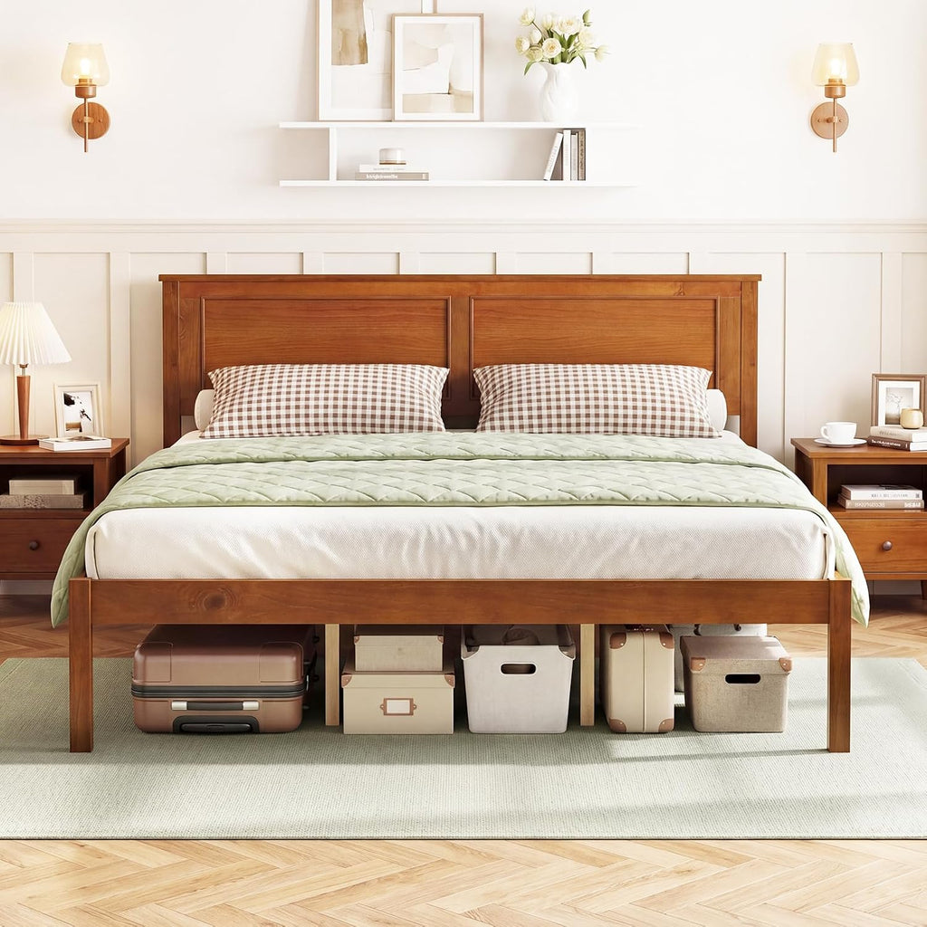 Mid-Century Modern Queen Wood Platform Bed Frame with Headboard and Under-Bed Storage, Walnut