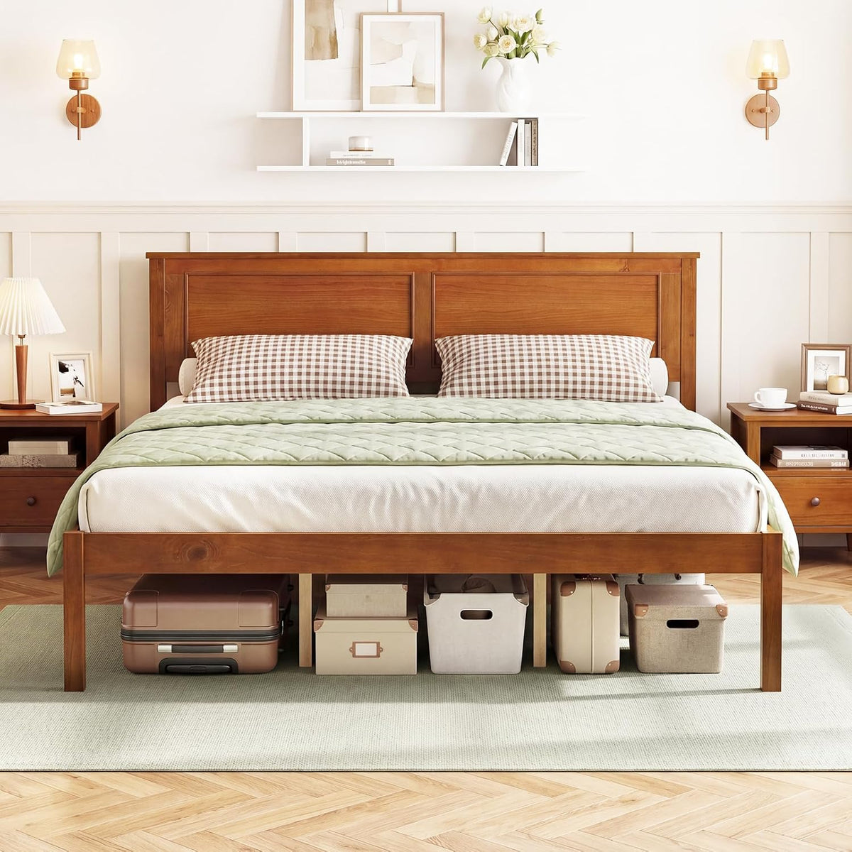 Mid-Century Modern Queen Wood Platform Bed Frame with Headboard and Under-Bed Storage, Walnut