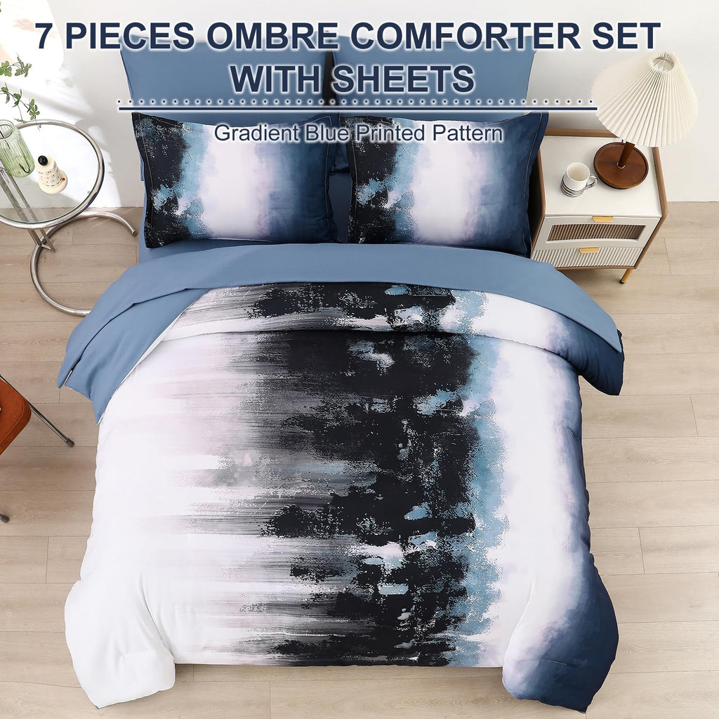 Ombre Blue Comforter Set Queen Size Gradient Navy Blue Black Boho Bedding Set for Teen Men Women 7 Pieces Bed in A