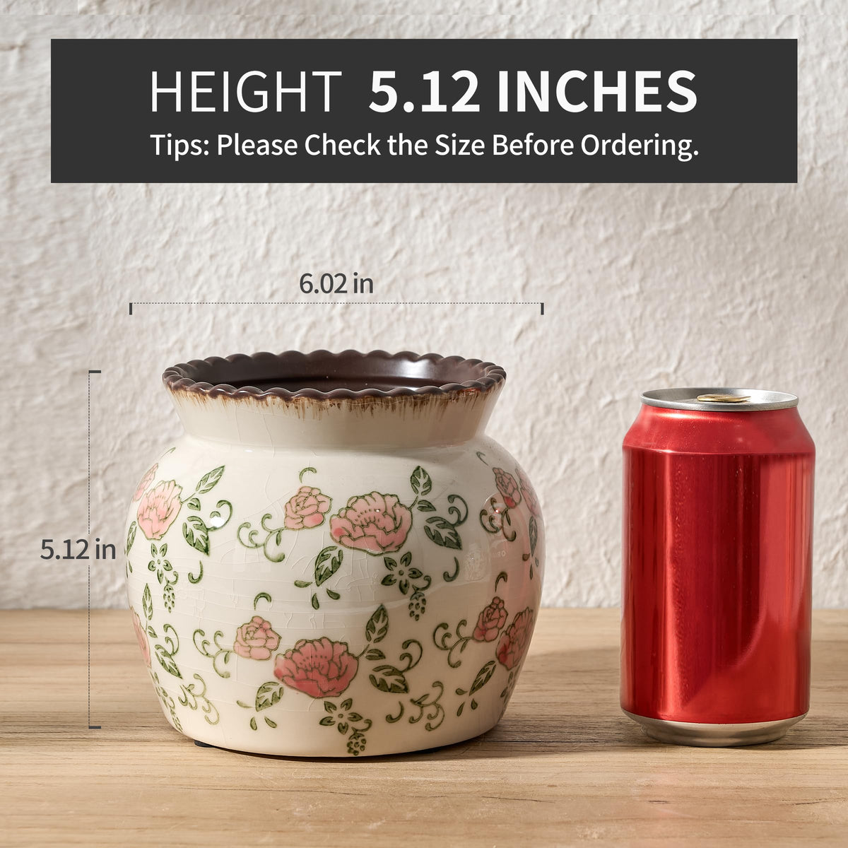 Ceramic Red Rose Floral Vase with Wide Mouth Lace, 4.84 Inch Cracked Chinoiserie Rustic Farmhouse Vases, Pastoral