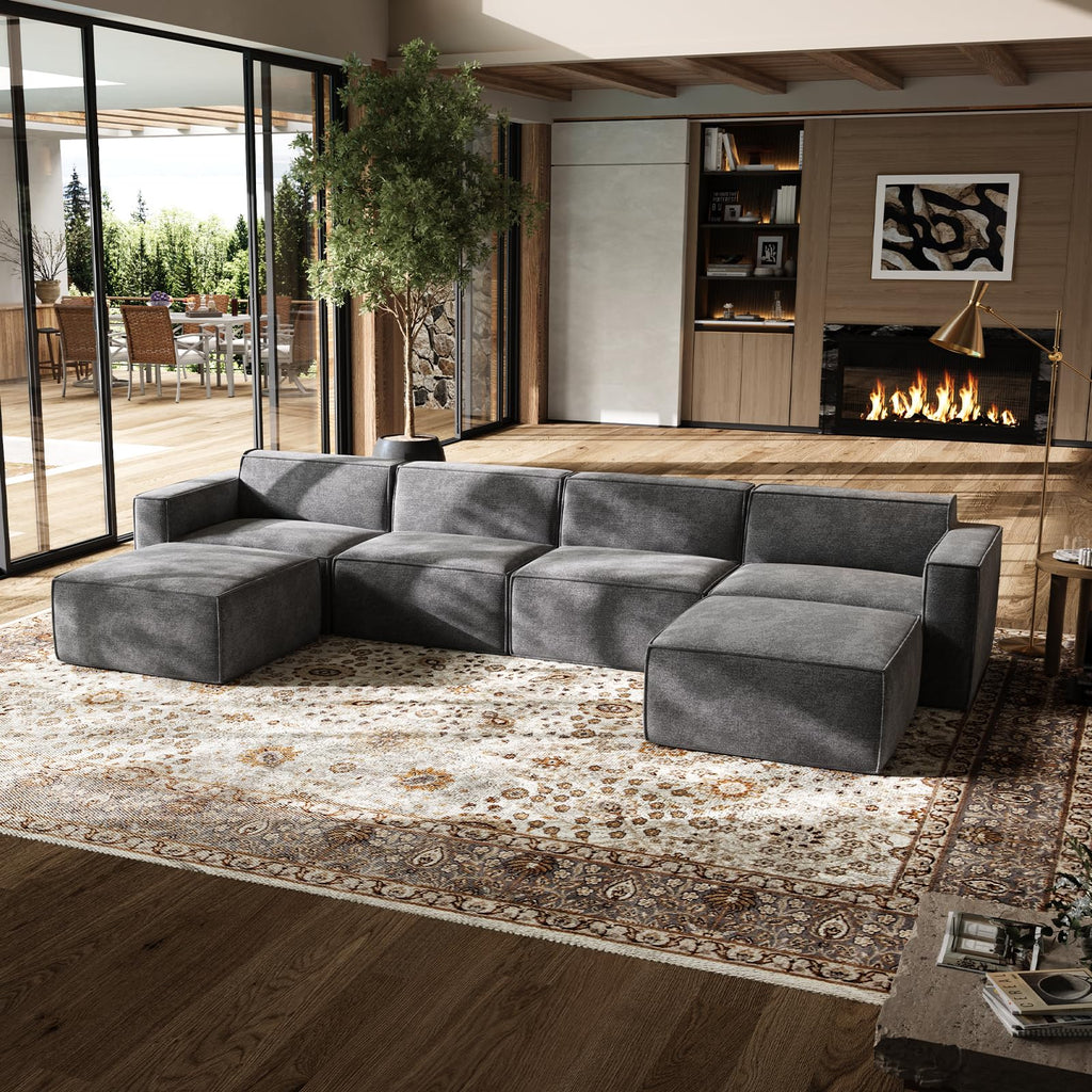 151.2" Modular Sectional Sofa, No Assembly, Chenille Fabric U Shape Boneless Sectional Couch with Smarts Coil Support