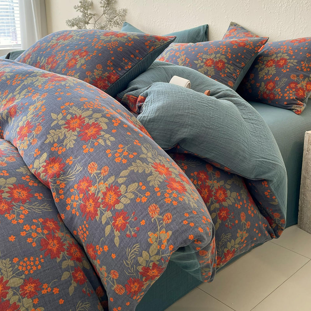 Vintage Garden Floral Duvet Cover Twin Soft 100% Muslin Cotton Jacquard Texture Bedding Set Chic Vibrant Floral