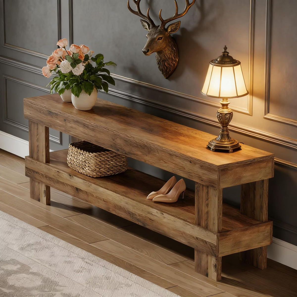 59 Inch Entryway Bench with Shoe Storage Shelf, 2-Tier Shoe Seat with 3.35 Inch Thickened Top, Long Farmhouse End of