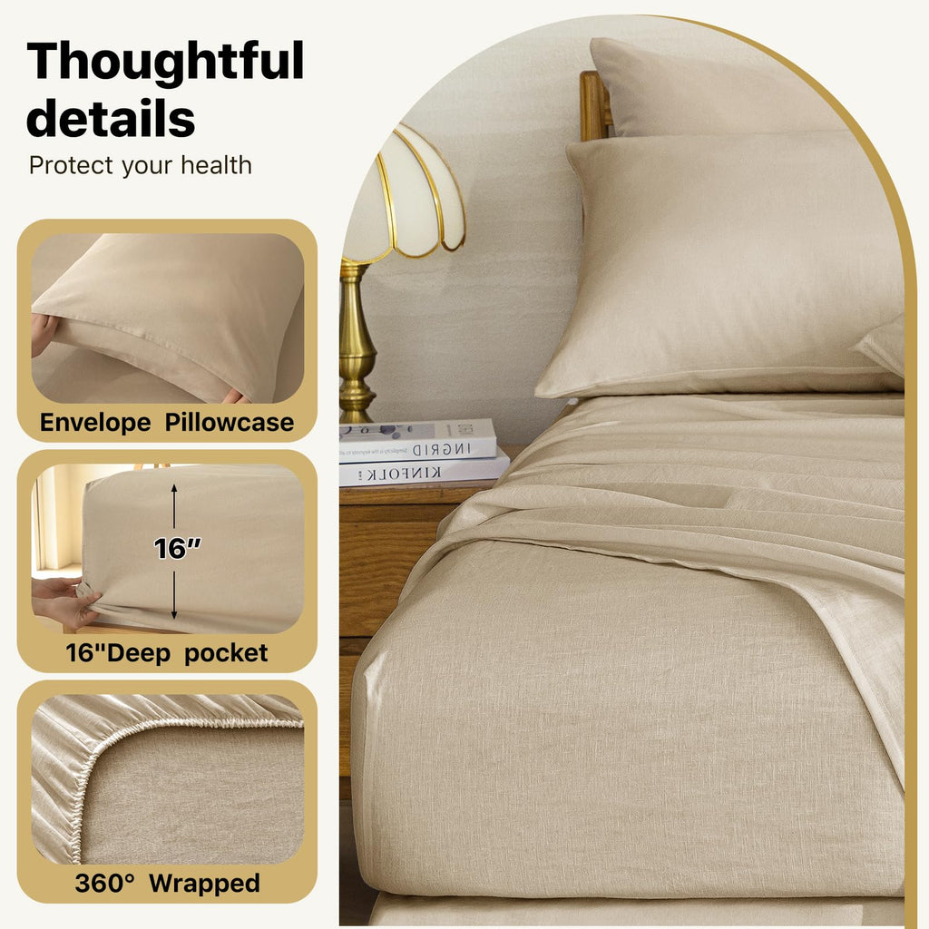 100% Linen Sheets 4 Piece - Washed Natural Flax Bedding Set, Ultra Breathable Soft Durable Flat Sheet